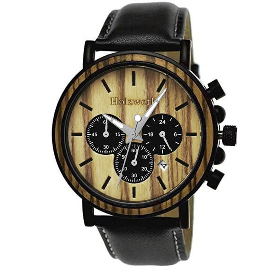 Holzwerk BERGA Herren Holz Uhr Chronograph mit Datum, schwarz, beige