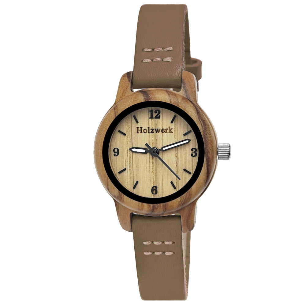 Holzwerk CLARA BROWN kleine Damen und Kinder Holz Uhr mit Leder Armband in braun, beige, Hauptbild von vorne