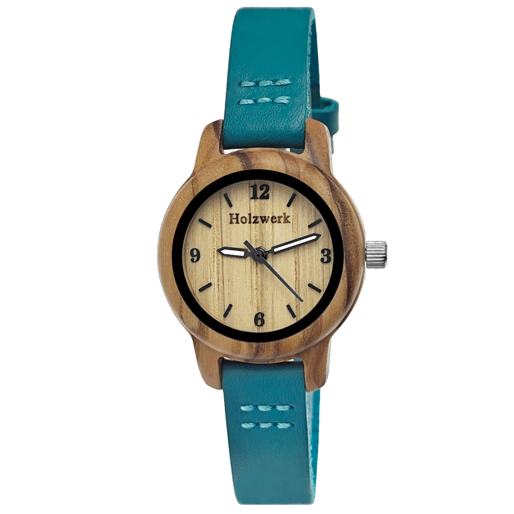 Holzwerk CLARA BLUE kleine Damen und Kinder Holz Uhr mit Leder Armband in türkis blau, beige, Hauptbild von vorne