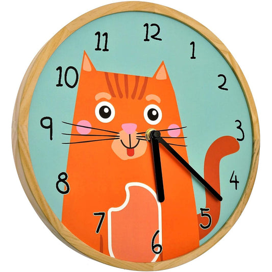 Reloj de pared de carpintería Gato Animales Madera Niños Gatitos Naranja Reloj