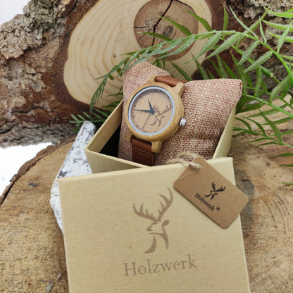 Holzwerk Damenuhr kleine Holz Armbanduhr mit Hirsch Logo in Braun beige - Holzwerk 