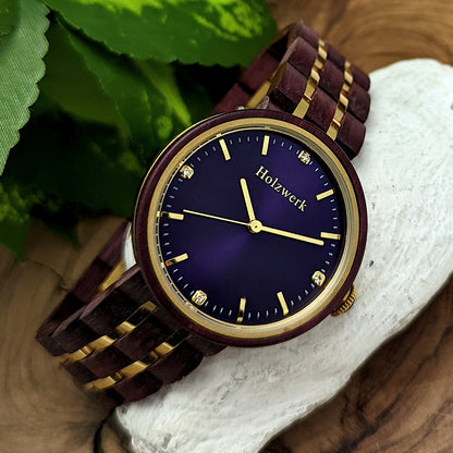 Holzwerk Damen Holzuhr Holz Designer Damenuhr Braun Lila Gold