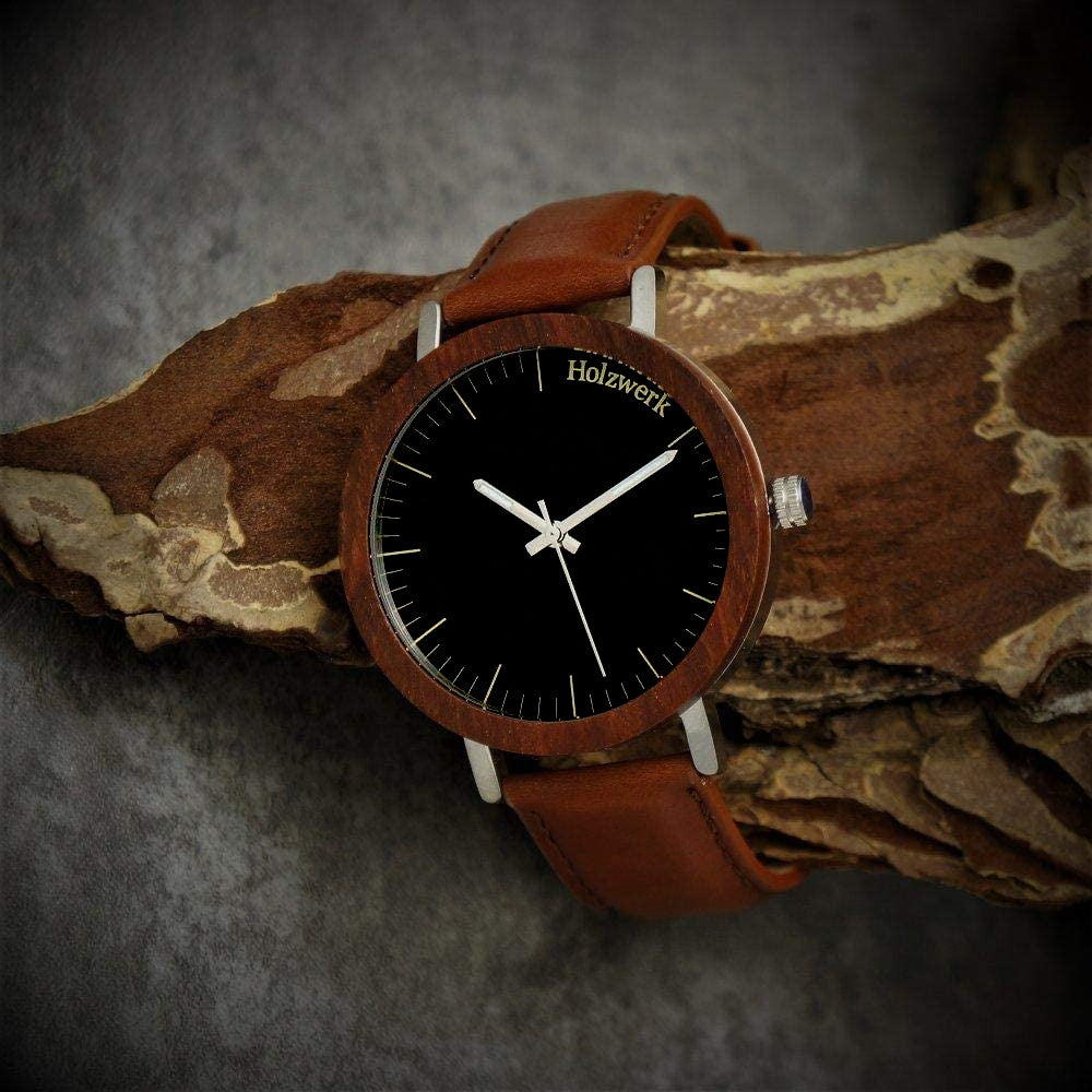 Holzwerk Damenuhr & Herrenuhr Moderne Holz Leder Uhr Rot Braun Schwarz