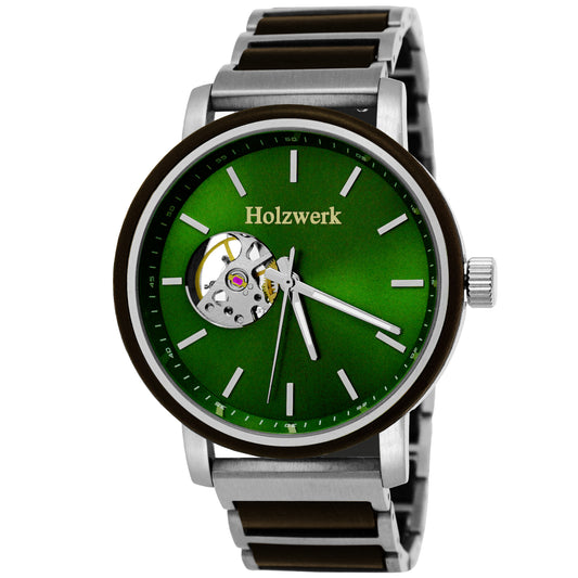 Holzwerk Men's Mechanical Automatic Wooden Watch Silver Brown Green