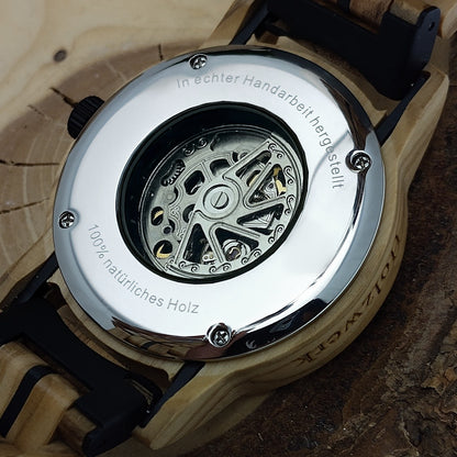 Holzwerk reloj mecánico automático de madera para hombre beige plata gris