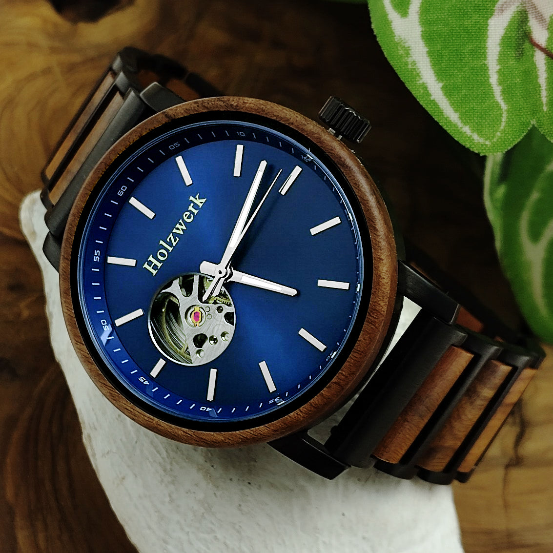 Holzwerk Men's Mechanical Automatic Wooden Watch Black Brown Blue