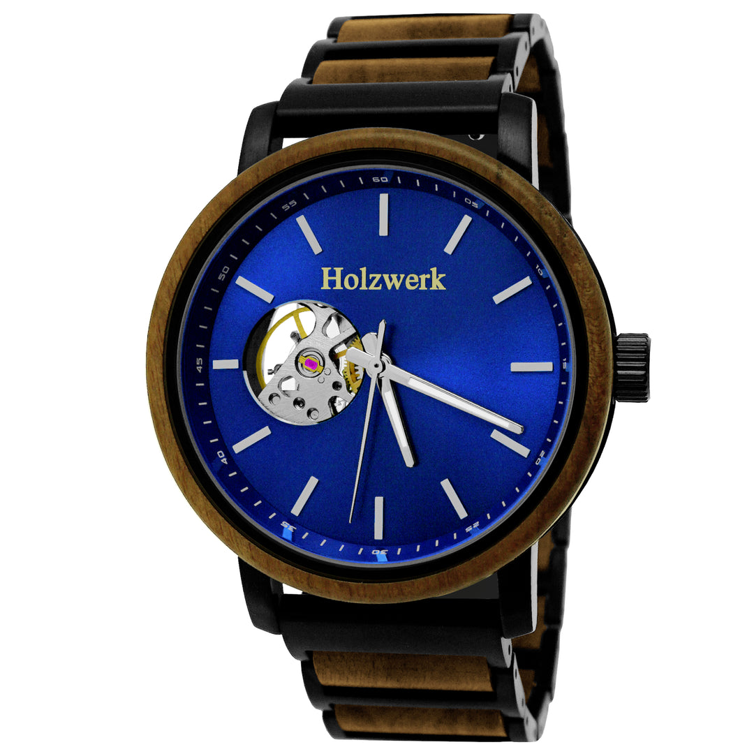 Holzwerk CLAUSTHAL Herren Edelstahl Holz Automatik Uhr, schwarz blau