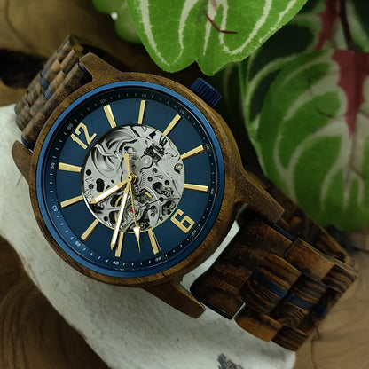 Holzwerk Reloj mecánico automático de madera para hombre marrón azul dorado