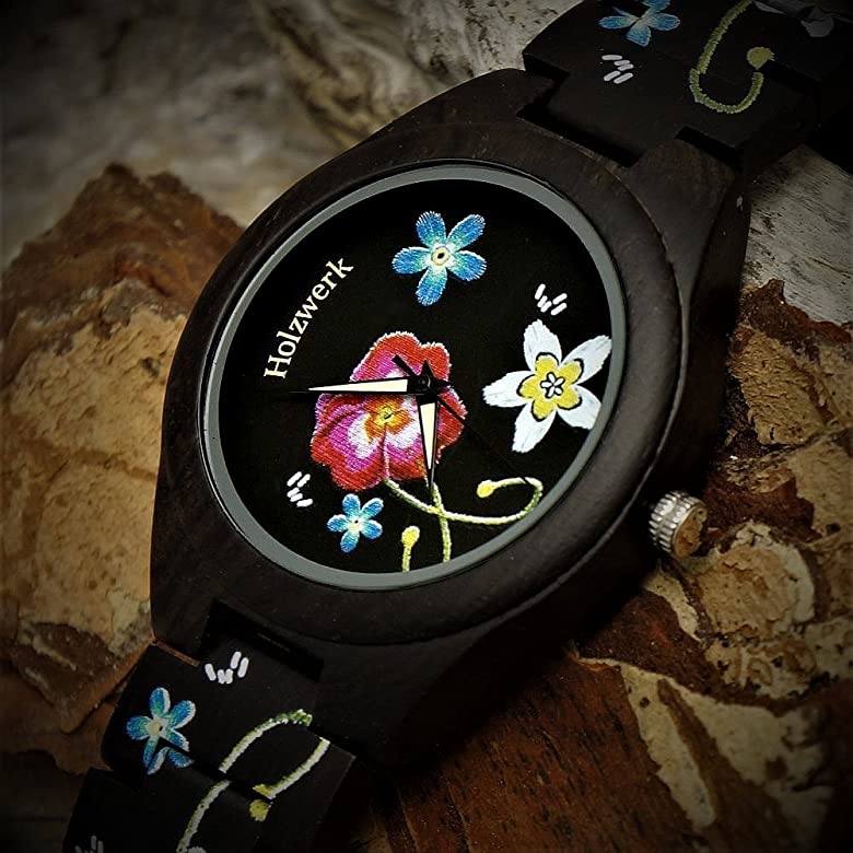 Holzwerk Damen Holzuhr Holz Damenuhr mit Blumen Muster Schwarz Bunt