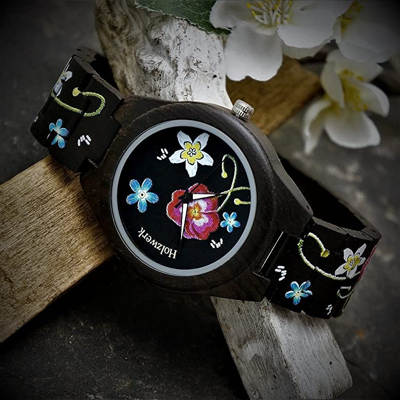 Holzwerk Damen Holzuhr Holz Damenuhr mit Blumen Muster Schwarz Bunt