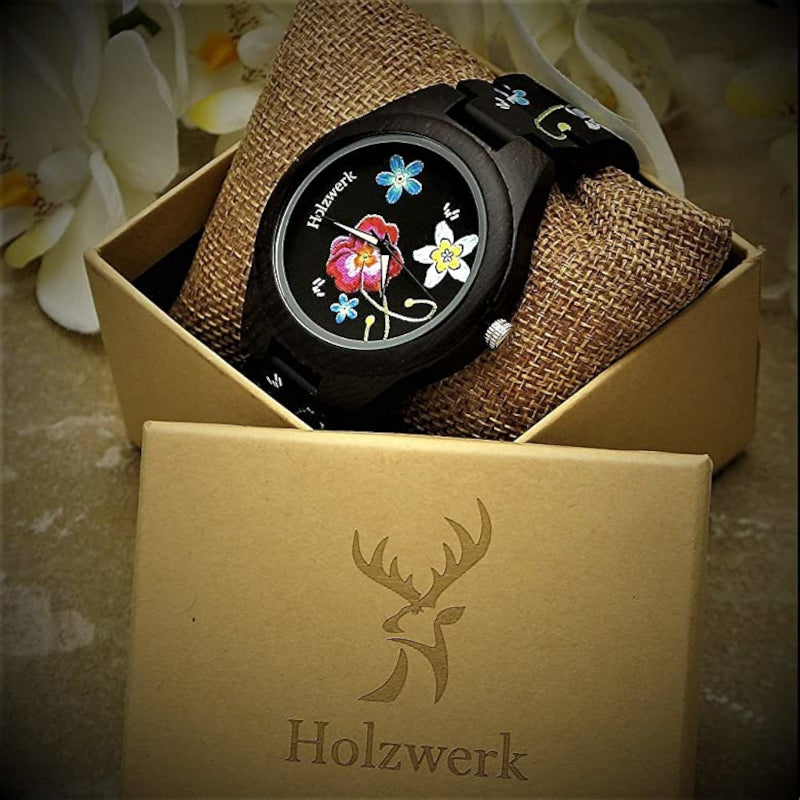 Holzwerk Damen Holzuhr Holz Damenuhr mit Blumen Muster Schwarz Bunt