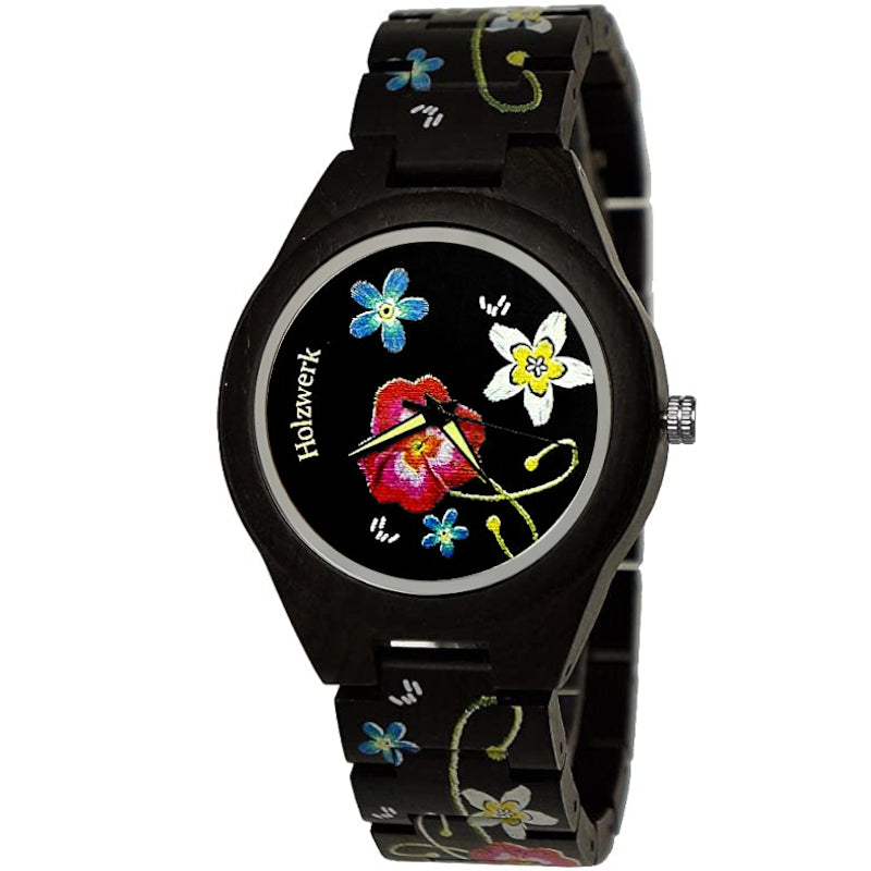 Holzwerk Damen Holzuhr Holz Damenuhr mit Blumen Muster Schwarz Bunt