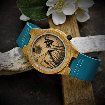 Holzwerk FLORISTIC Holzuhr mit Blumen Muster in türkis blau braun