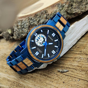 Holzwerk COBURG Herren Edelstahl Holz Automatik Uhr blau, beige