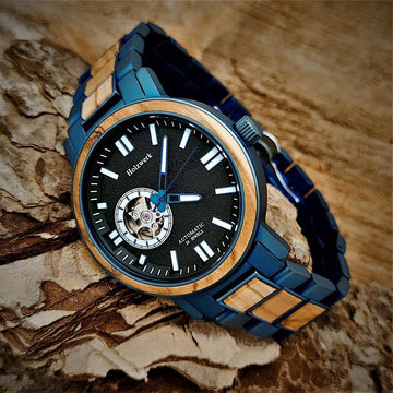 Holzwerk COBURG Herren Edelstahl Holz Automatik Uhr blau, beige
