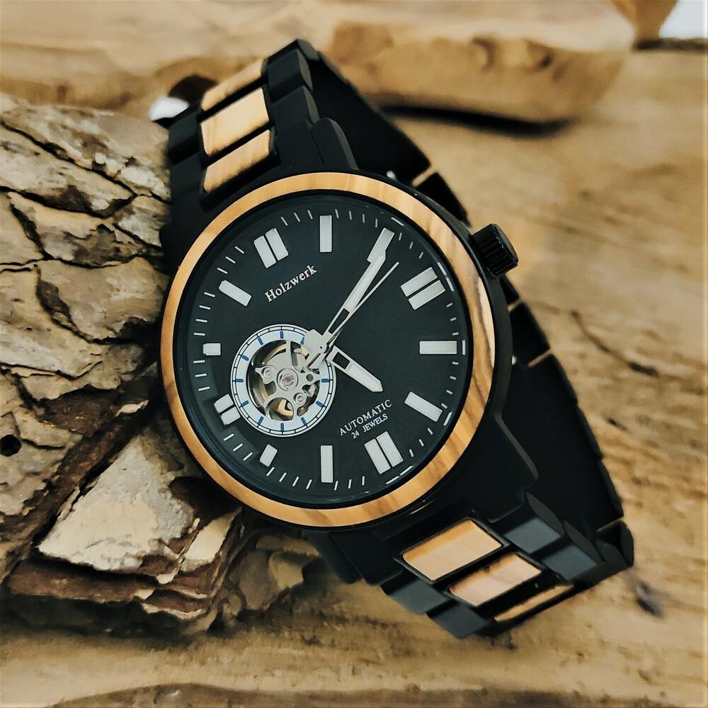 Holzwerk DORNBURG Damen, Herren Automatik Holz & Edelstahl Armband Uhr, moderne Automatikuhr, modische Armbanduhr in schwarz, beige, weiß, links liegend