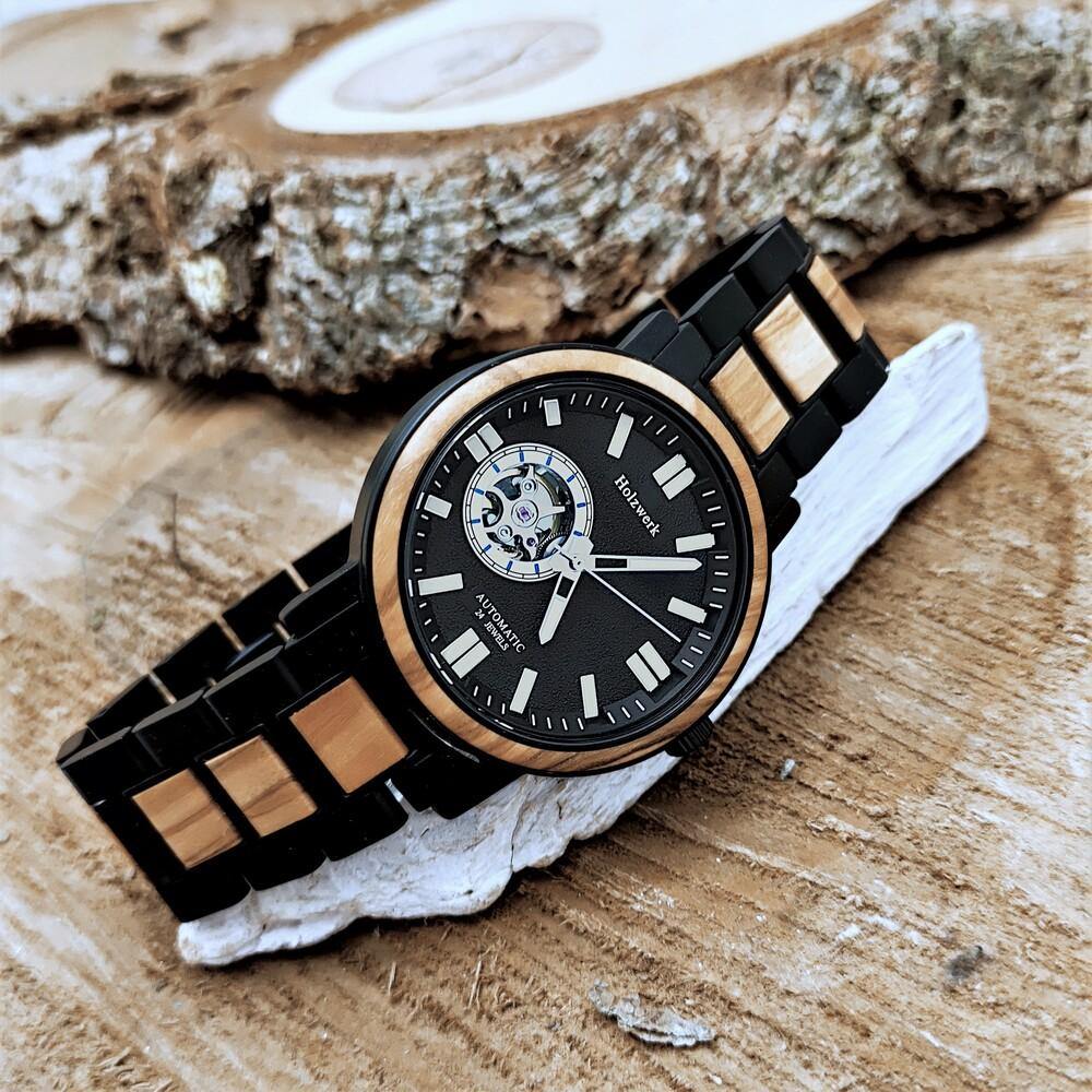 Holzwerk DORNBURG Damen, Herren Automatik Holz & Edelstahl Armband Uhr, moderne Automatikuhr, modische Armbanduhr in schwarz, beige, weiß, rechts liegend