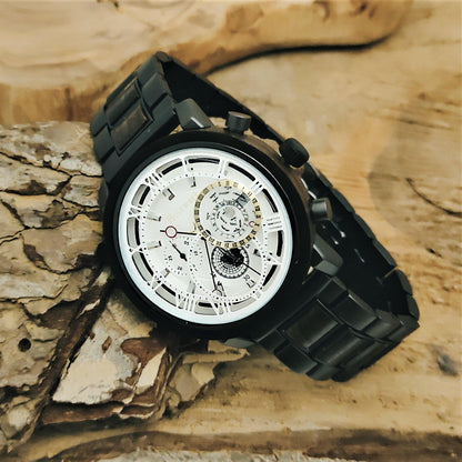 Holzwerk BRUCHSAL Damen, Herren Chronograph Holz & Edelstahl Armband Uhr, Datum, moderne Armbanduhr, modische Holzuhr, Schwarz, weiß, links liegend