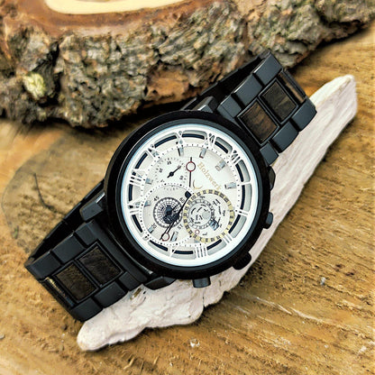 BRUCHSHolzwerk BRUCHSAL Damen, Herren Chronograph Holz & Edelstahl Armband Uhr, Datum, moderne Armbanduhr, modische Holzuhr, Schwarz, weiß, rechts liegendAL