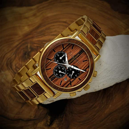 Holzwerk Herren Holzuhr & Edelstahl Chronograph mit Datum Gold Braun