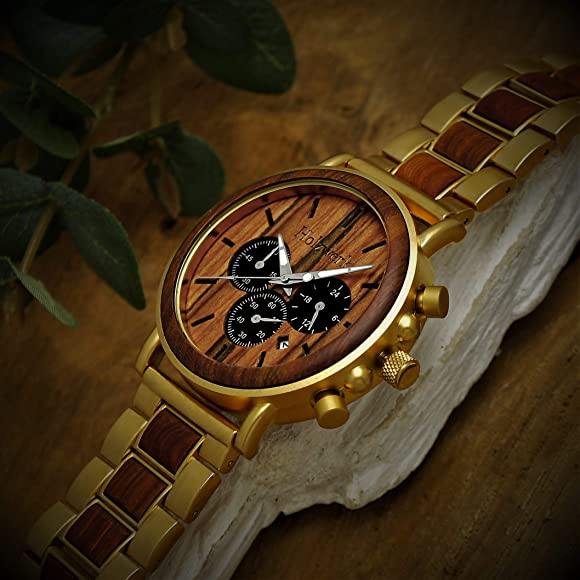 Holzwerk Herren Holzuhr & Edelstahl Chronograph mit Datum Gold Braun
