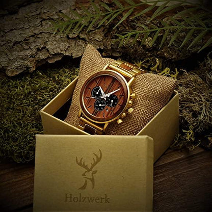 Holzwerk Herren Holzuhr & Edelstahl Chronograph mit Datum Gold Braun
