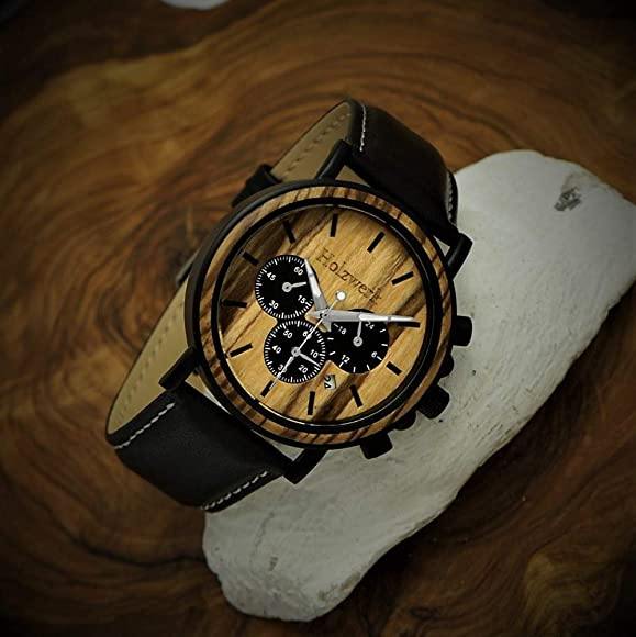 Holzwerk BERGA Herren Holz Uhr Chronograph mit Datum, schwarz, beige, rechts seitlich
