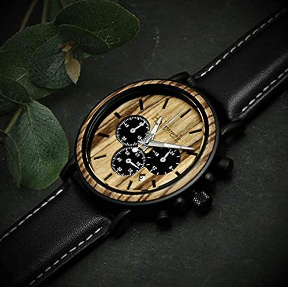 Holzwerk BERGA Herren Holz Uhr Chronograph mit Datum, schwarz, beige, liegend seitlich