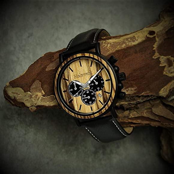 Holzwerk BERGA Herren Holz Uhr Chronograph mit Datum, schwarz, beige, links seitlich