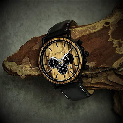 Holzwerk BERGA Herren Holz Uhr Chronograph mit Datum, schwarz, beige, links seitlich