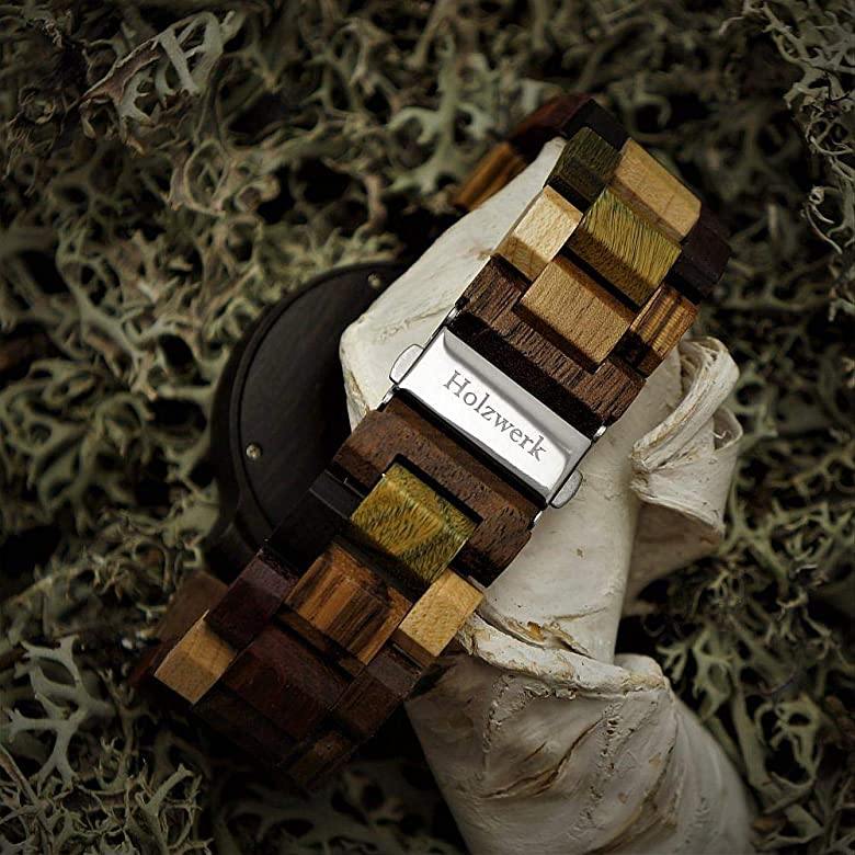 Holzwerk NEUMARK Damen, Herren Holz Armband Uhr mit Datum, moderne Damenuhr, Designer Holzuhr, modische Armbanduhr in schwarz, Walnuss braun, Faltschließe