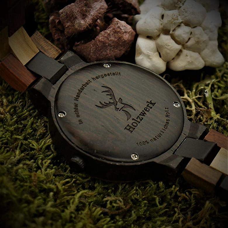 Holzwerk NEUMARK Damen, Herren Holz Armband Uhr mit Datum, moderne Damenuhr, Designer Holzuhr, modische Armbanduhr in schwarz, Walnuss braun, Gehäuseboden