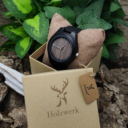 Holzwerk Damen & Herren Holzuhr Leder Armbanduhr mit Hirsch Logo Schwarz