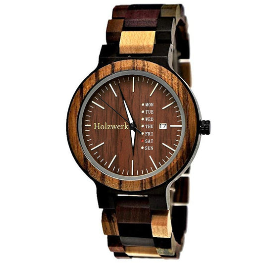 Holzwerk SOLINGEN Damen, Herren Holz Armband Uhr mit Datum, moderne Damenuhr, Designer Holzuhr, modische Armbanduhr, Bordeaux rot, braun, Hauptbild