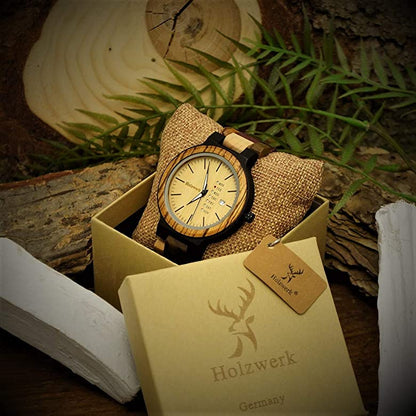 Holzwerk Herrenuhr Matrix Holz Design mit Datum in Braun Beige - Holzwerk 