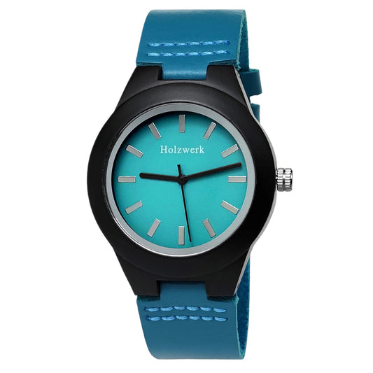 Reloj de mujer Holzwerk pequeño reloj de pulsera de cuero de madera en negro turquesa