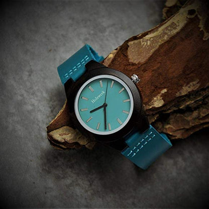 Holzwerk women's watch small wooden leather wristwatch in black turquoise