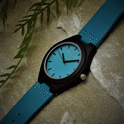 Holzwerk women's watch small wooden leather wristwatch in black turquoise