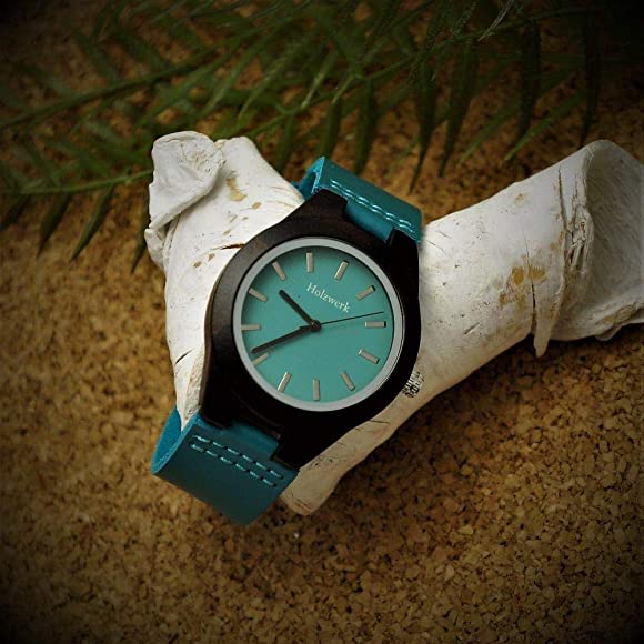 Reloj de mujer Holzwerk pequeño reloj de pulsera de cuero de madera en negro turquesa