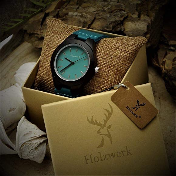 Reloj de mujer Holzwerk pequeño reloj de pulsera de cuero de madera en negro turquesa